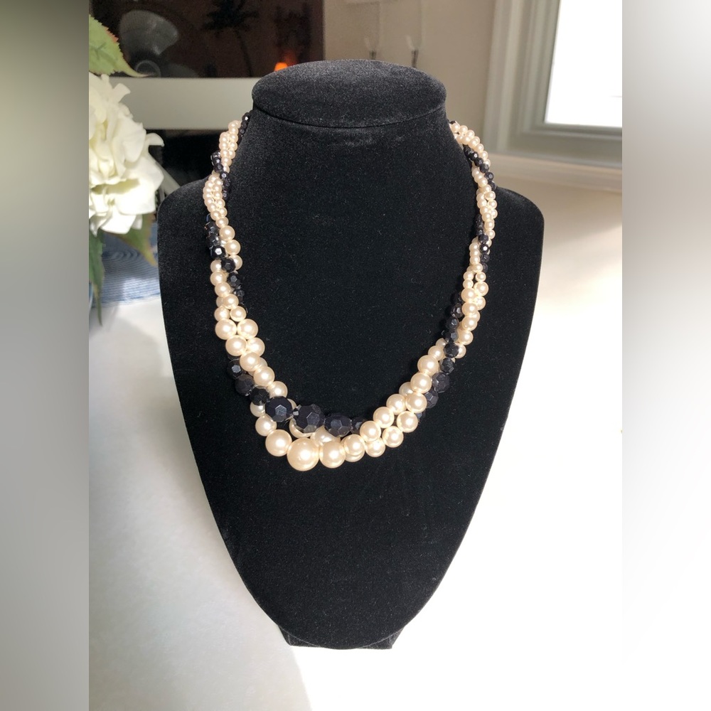 Vintage Twisted 3 Strand Faux Pearl & Black Beads Necklace